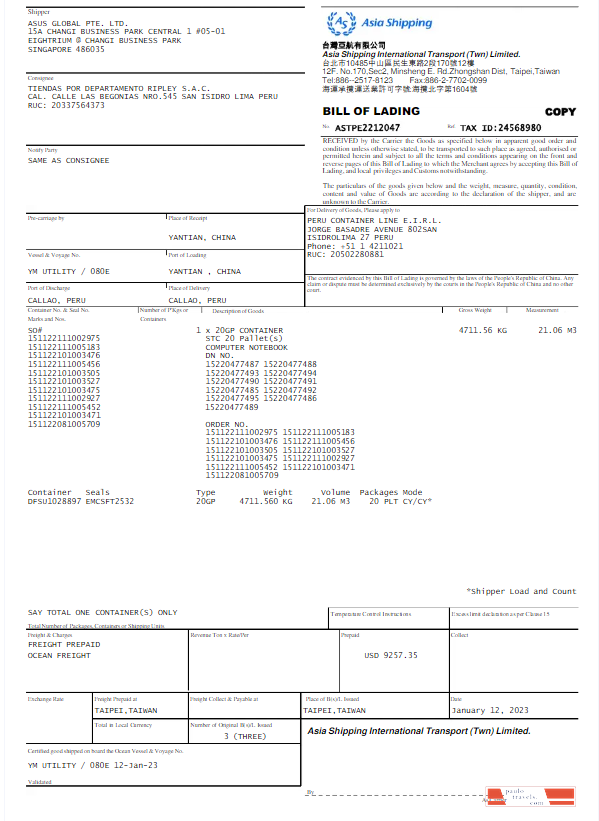 SINGAPORE ASIA SHIPPING utility bill Word and PDF template